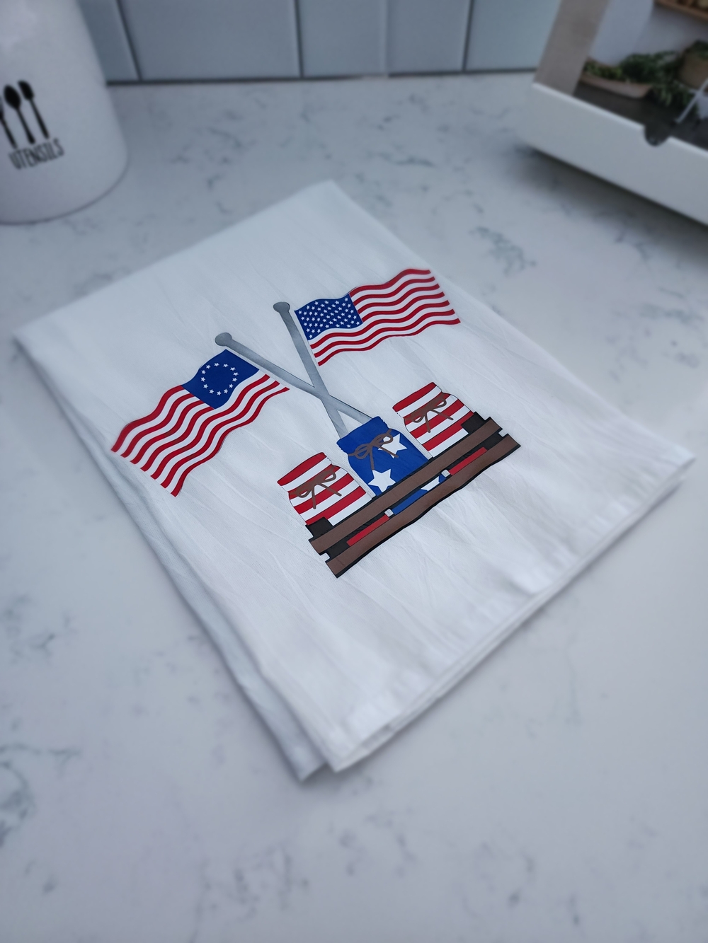 Patriotic Flag Kitchen Towel with Mason Jars Design